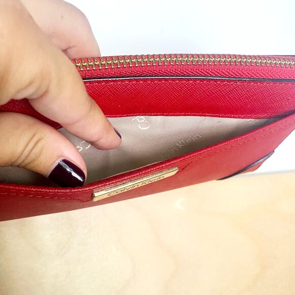 Calvin Klein Red Saffiano Leather Zip Around Long Wallet w/ Gold Interior - Picture 2 of 11